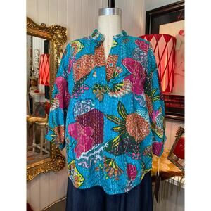 ivy jane kantha blouse turquoise indian cotton s/m pull over boho hippie
